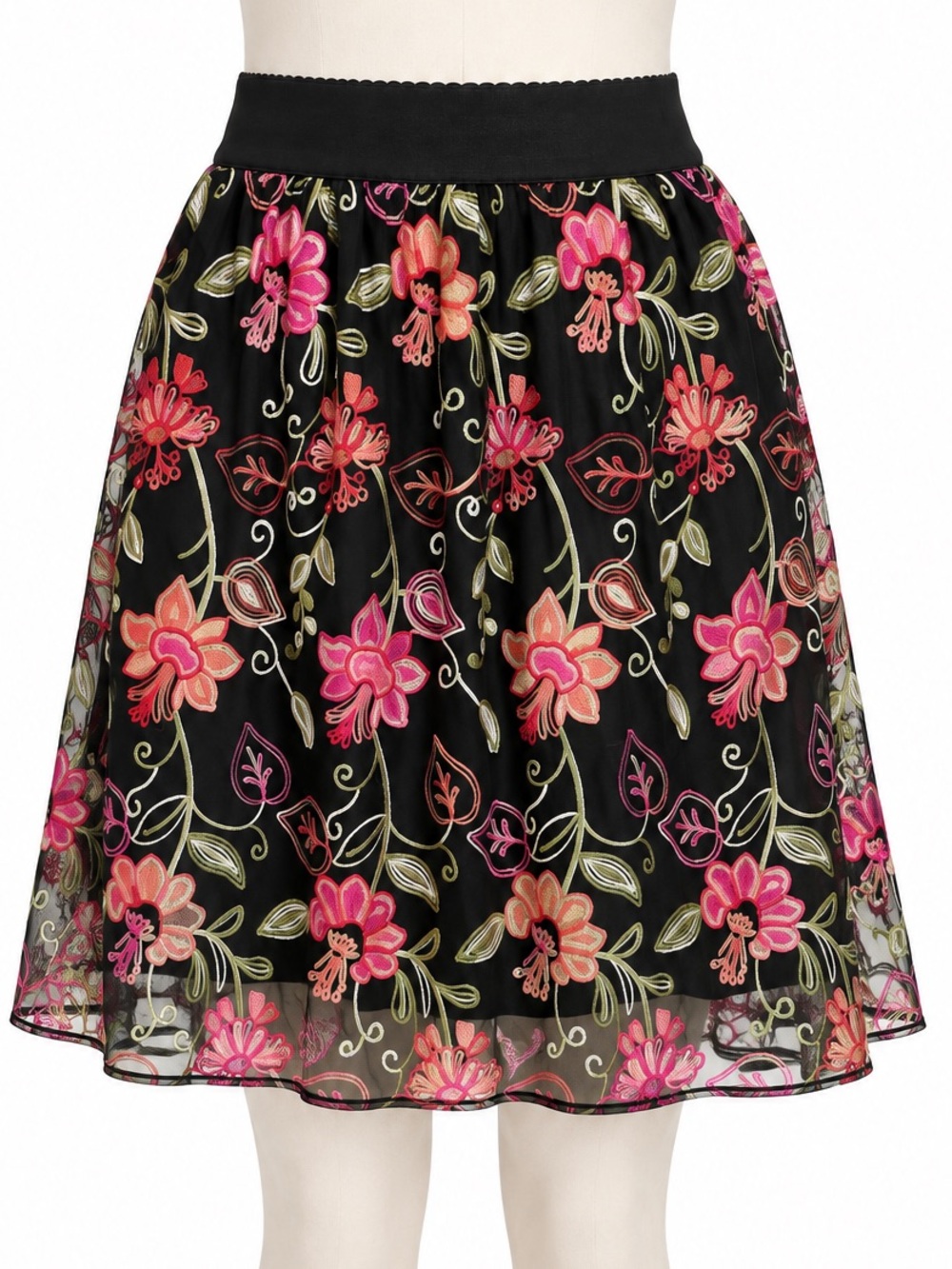 Magic Black Midi Skirt with Pink and Coral Floral Embroidery